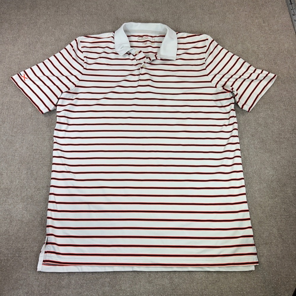 RLX Ralph Lauren Mens Medium White Navy Orange Striped Short Sleeve Golf Polo